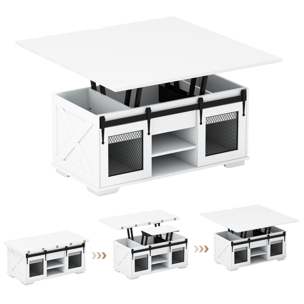 Livsk costway salontafel met in hoogte verstelbaar tafelblad 105 cm landhuis centrale tafel met 2 schuifdeuren in schuurstijl wit