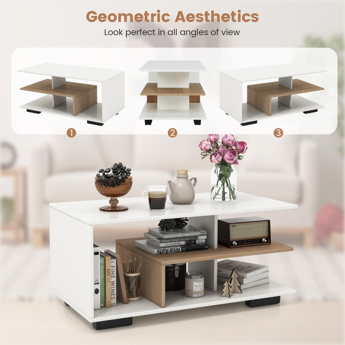 LIVSK geometrische salontafel - 3 Niveaus - Modern/Retro Design - Duurzaam Gelamineerd Hout - 90 x 50 x 42 cm -