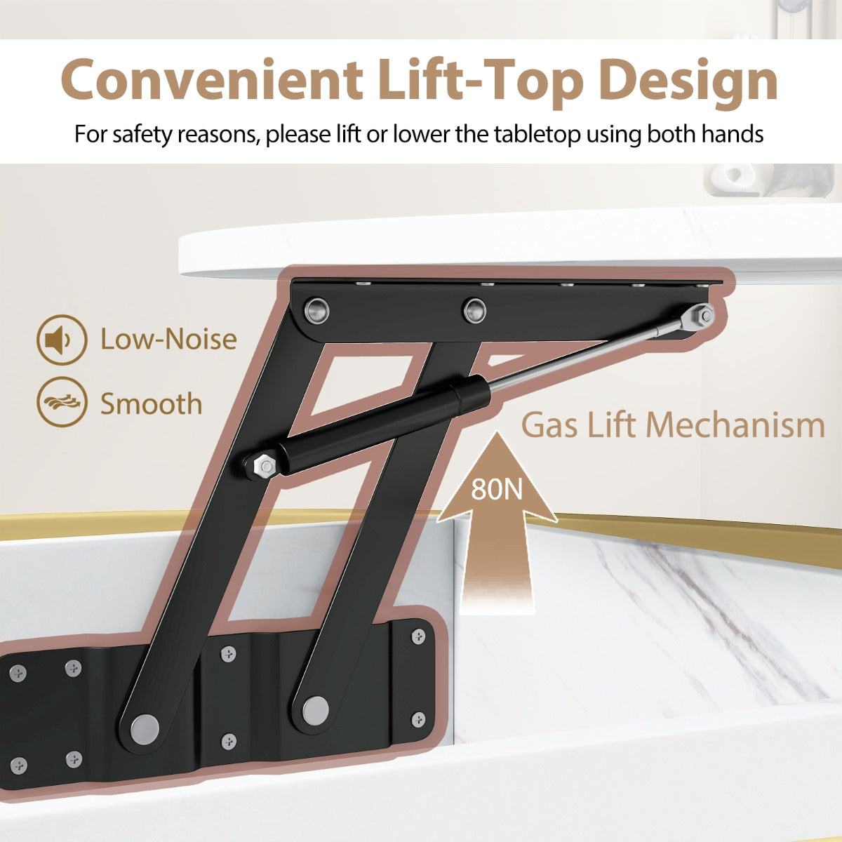 LIVSK Salontafel met Hefblad - Gasliftmechanisme - Royale Opbergruimte - Stevig Metaal - Tot 120 kg - Wit & Goud