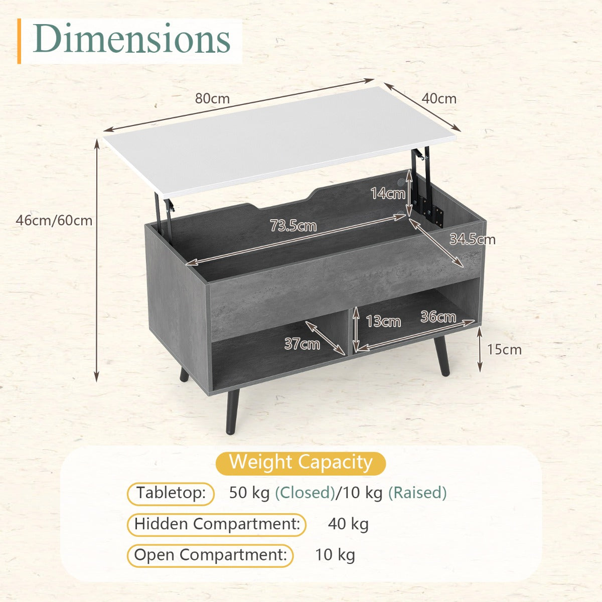LIVSK Moderne Salontafel - Gasliftmechanisme - Ruim verborgen vak en 2 open planken - 80 x 40 x 46 cm - Grijs