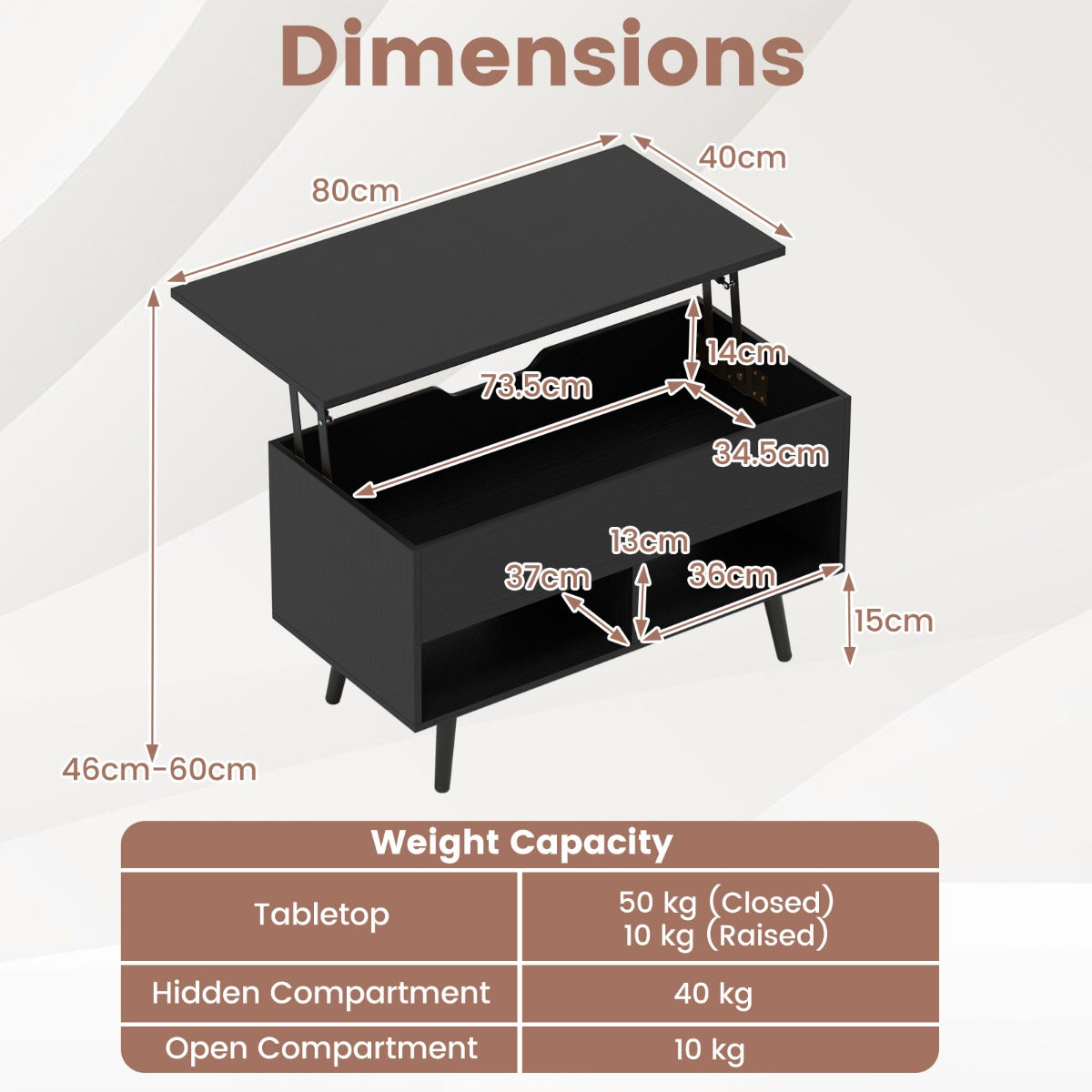 LIVSK Verstelbare Salontafel - Hefbaar Tafelblad - Ruime Opbergruimte - Stevige Constructie - 80 x 40 x 46 cm - Zwart