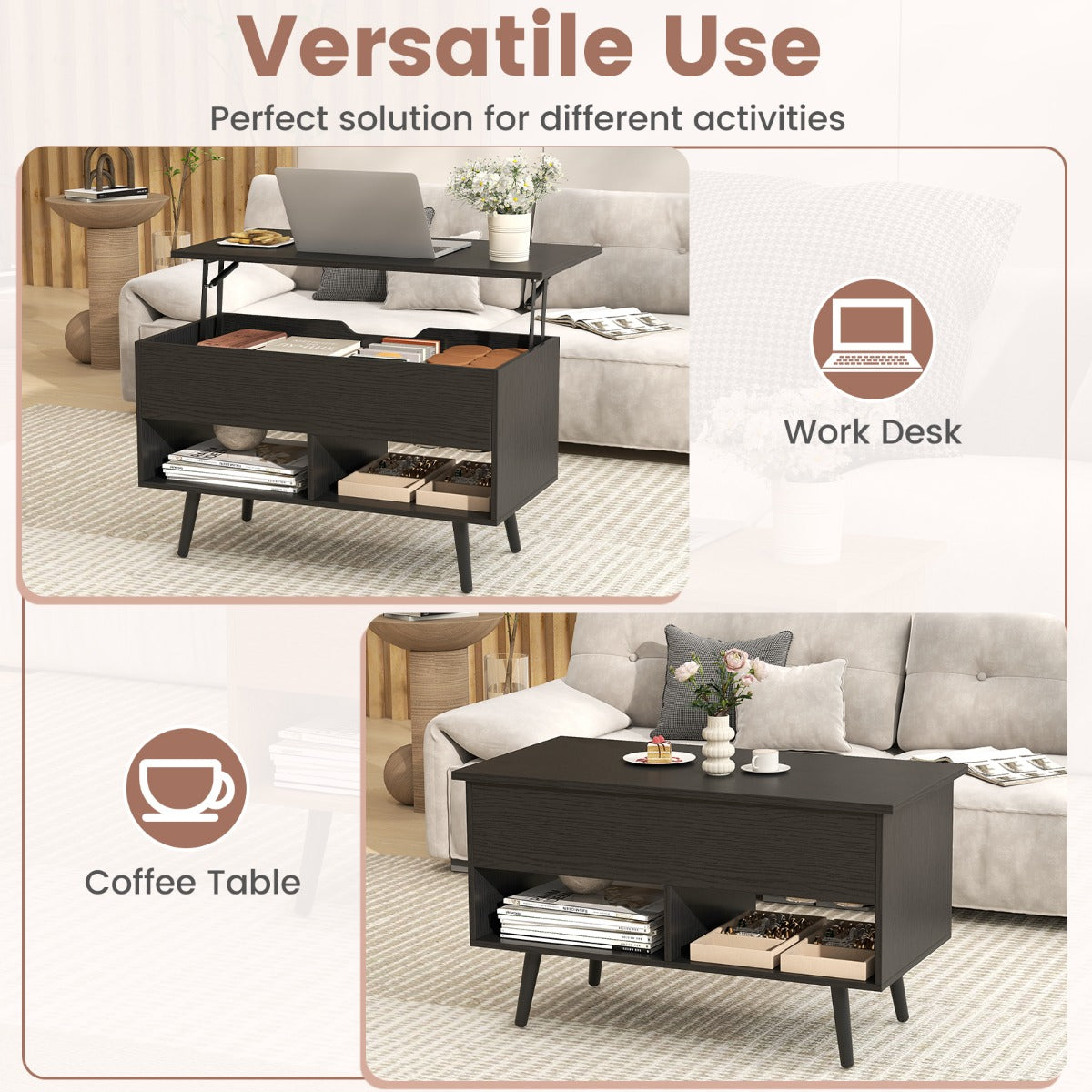 LIVSK Verstelbare Salontafel - Hefbaar Tafelblad - Ruime Opbergruimte - Stevige Constructie - 80 x 40 x 46 cm - Zwart