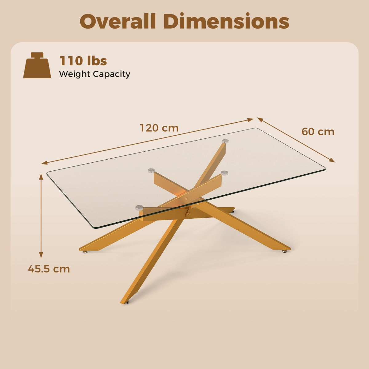 Livsk costway salontafel rechthoekige salontafel met gehard glazen blad en metalen buizenframe 120 x 60 x 455 cm goud 2