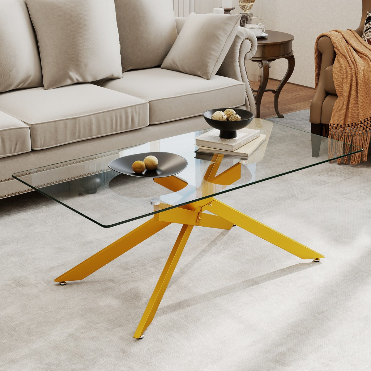 Livsk costway salontafel rechthoekige salontafel met gehard glazen blad en metalen buizenframe 120 x 60 x 455 cm goud 6