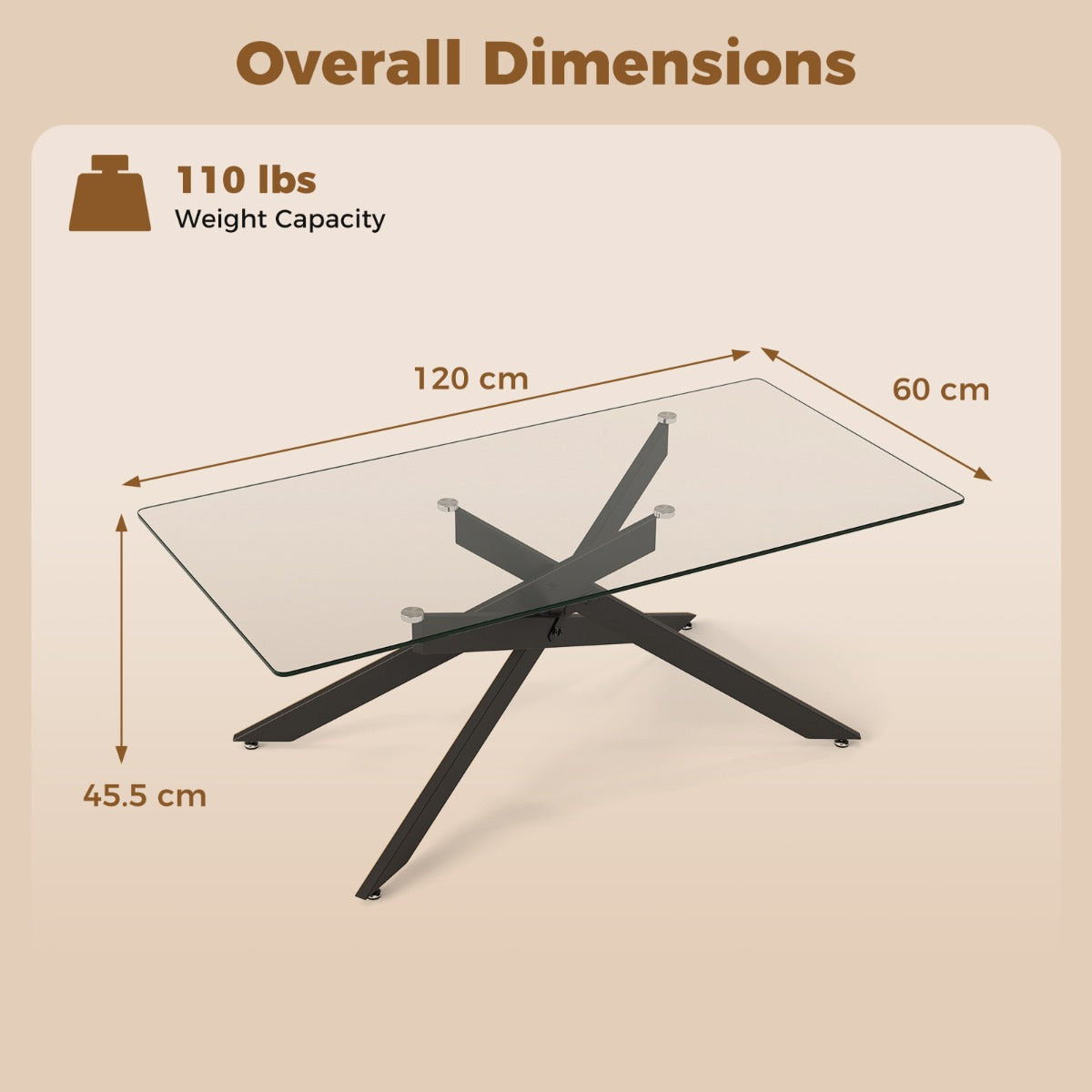 Livsk costway salontafel rechthoekige salontafel met gehard glazen blad en metalen buizenframe 120 x 60 x 455 cm zwart