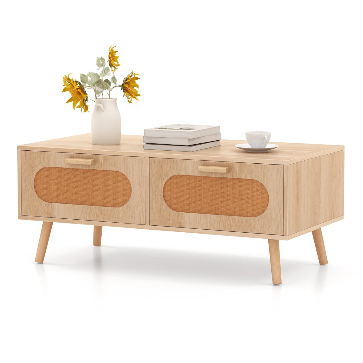 LIVSK Bohemian Salontafel - Handgeweven Rotan Laden - Massieve Houten Poten - 2 Opbergladen - 100 x 50 x 41 cm - Natuur