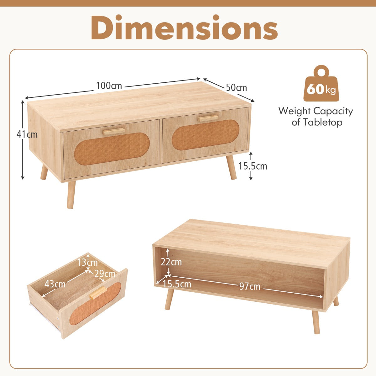 LIVSK Bohemian Salontafel - Handgeweven Rotan Laden - Massieve Houten Poten - 2 Opbergladen - 100 x 50 x 41 cm - Natuur