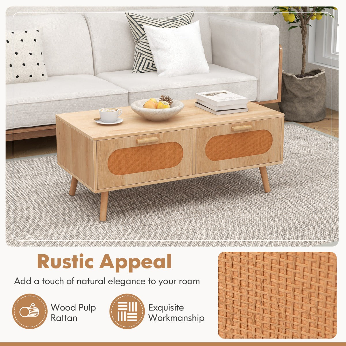 LIVSK Bohemian Salontafel - Handgeweven Rotan Laden - Massieve Houten Poten - 2 Opbergladen - 100 x 50 x 41 cm - Natuur