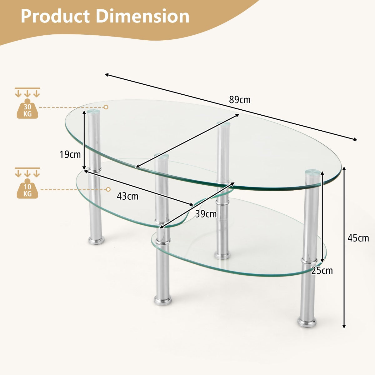 LIVSK Glazen Salontafel - 3-Laags Ontwerp - Ovaal met Gebogen Onderplanken - Gehard Glas en Staal - 89 x 50 x 45 cm -