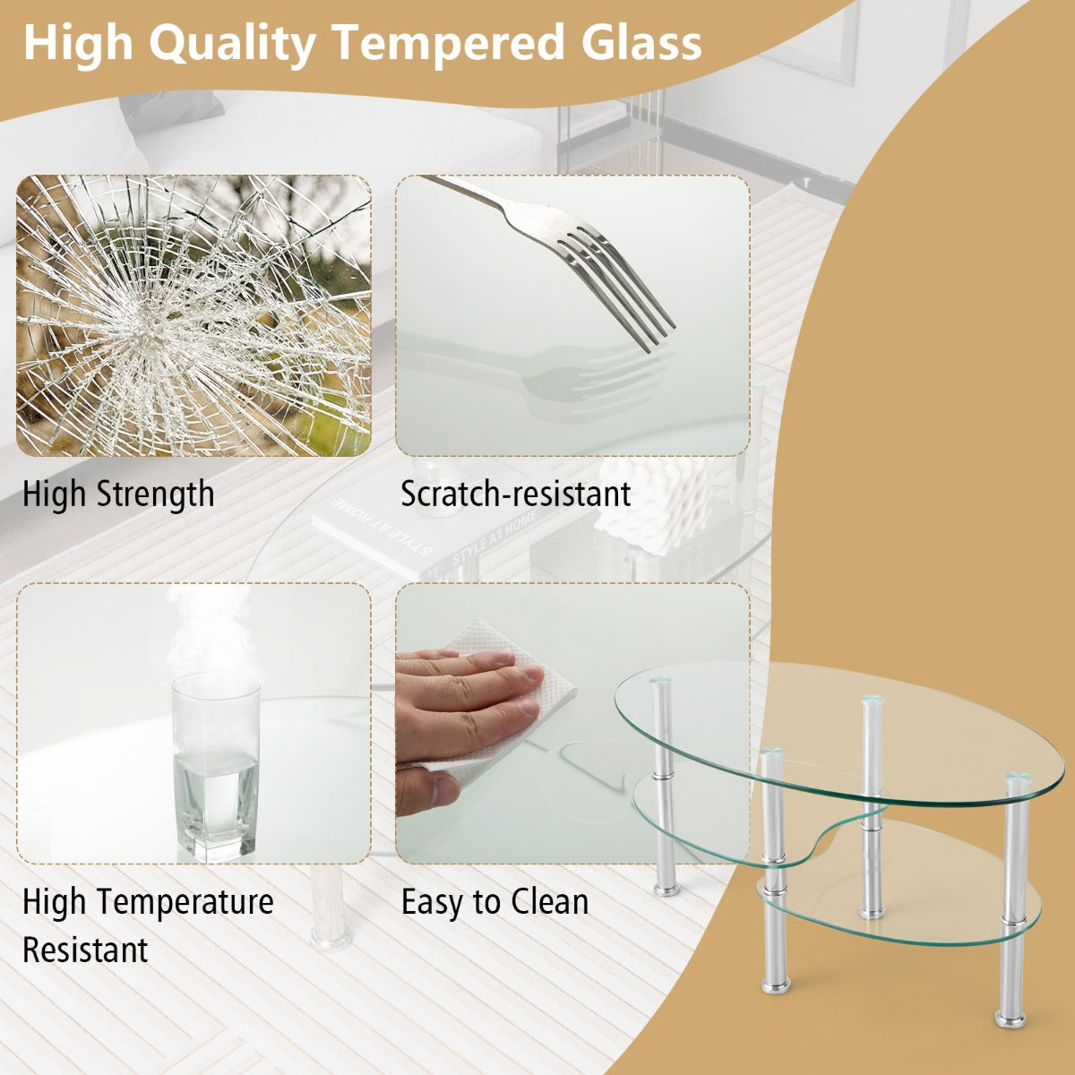 LIVSK Glazen Salontafel - 3-Laags Ontwerp - Ovaal met Gebogen Onderplanken - Gehard Glas en Staal - 89 x 50 x 45 cm -