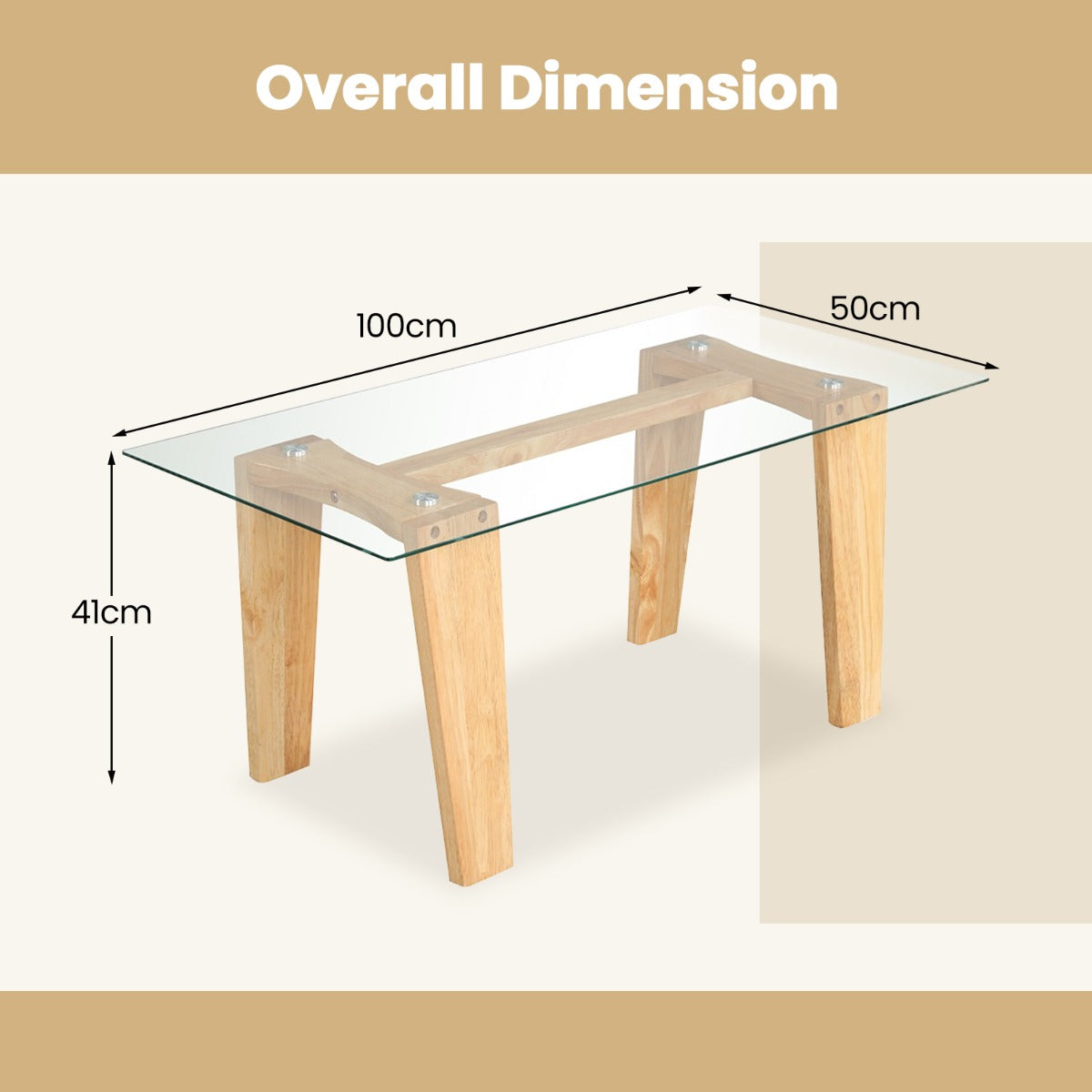 LIVSK Glazen Salontafel - Gehard Glas - Massief Rubberhouten Poten - Ondersteuning tot 45 kg - 100 x 50 x 41 cm - Transparant en