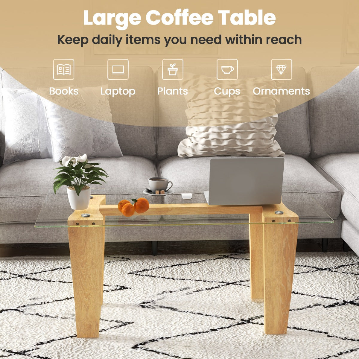 LIVSK Glazen Salontafel - Gehard Glas - Massief Rubberhouten Poten - Ondersteuning tot 45 kg - 100 x 50 x 41 cm - Transparant en