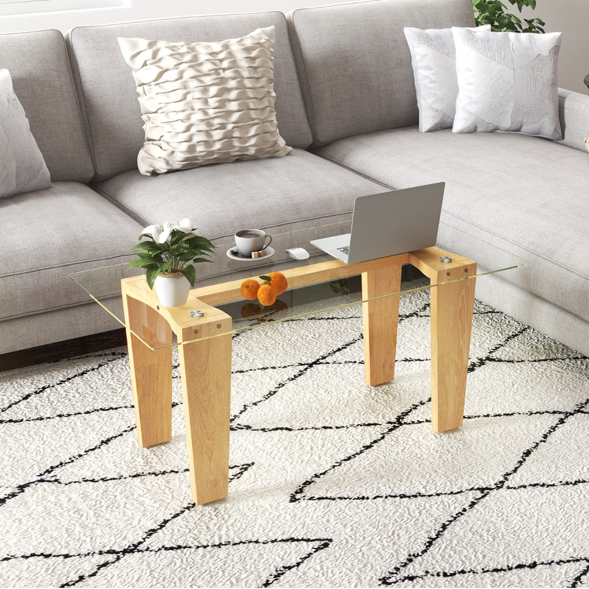 LIVSK Glazen Salontafel - Gehard Glas - Massief Rubberhouten Poten - Ondersteuning tot 45 kg - 100 x 50 x 41 cm - Transparant en