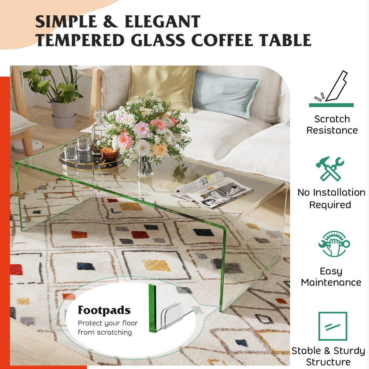 LIVSK Bijzettafel van Gehard Glas - Modern Design - Hittebestendig en Waterafstotend - Draagvermogen 30 kg - 108 x 50 x 35 cm -