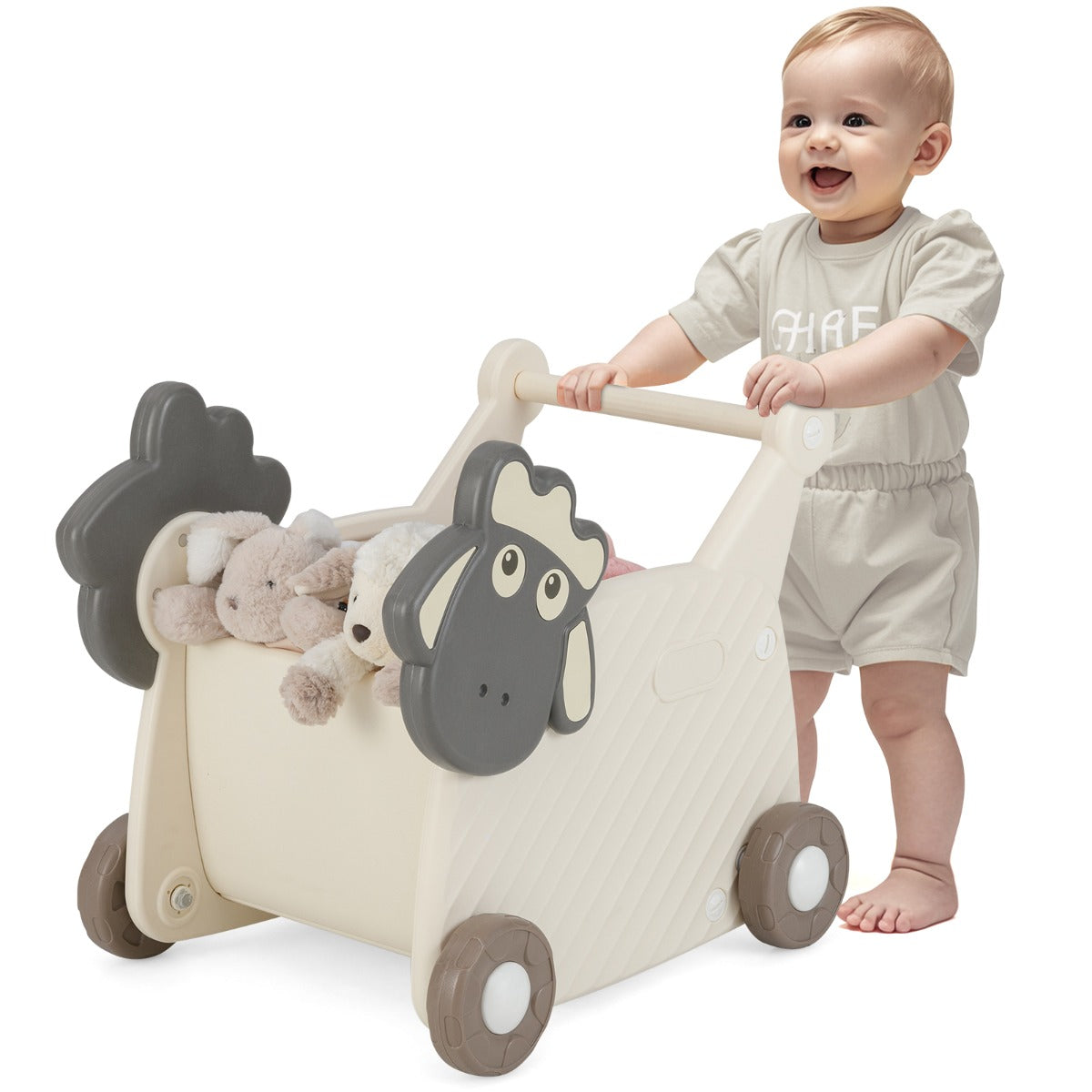 LIVSK 2-in-1 Loopwagen en Opbergmand - 18L Capaciteit - Educatief en Veilig - Voor Kinderen vanaf 3 jaar - Beige + Grijs