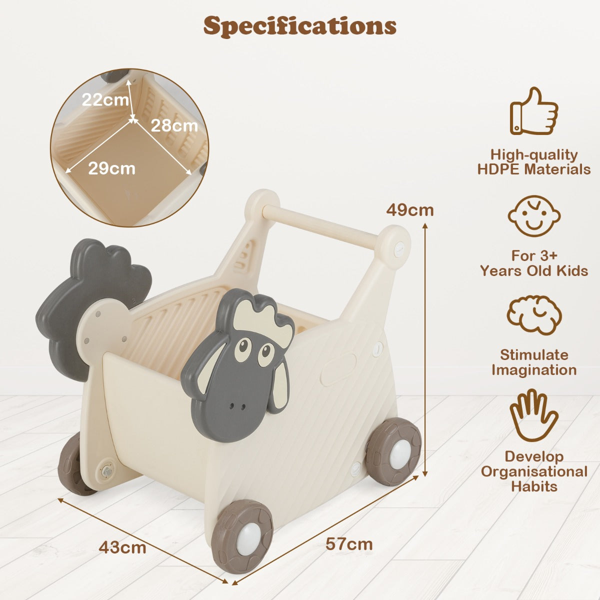LIVSK 2-in-1 Loopwagen en Opbergmand - 18L Capaciteit - Educatief en Veilig - Voor Kinderen vanaf 3 jaar - Beige + Grijs