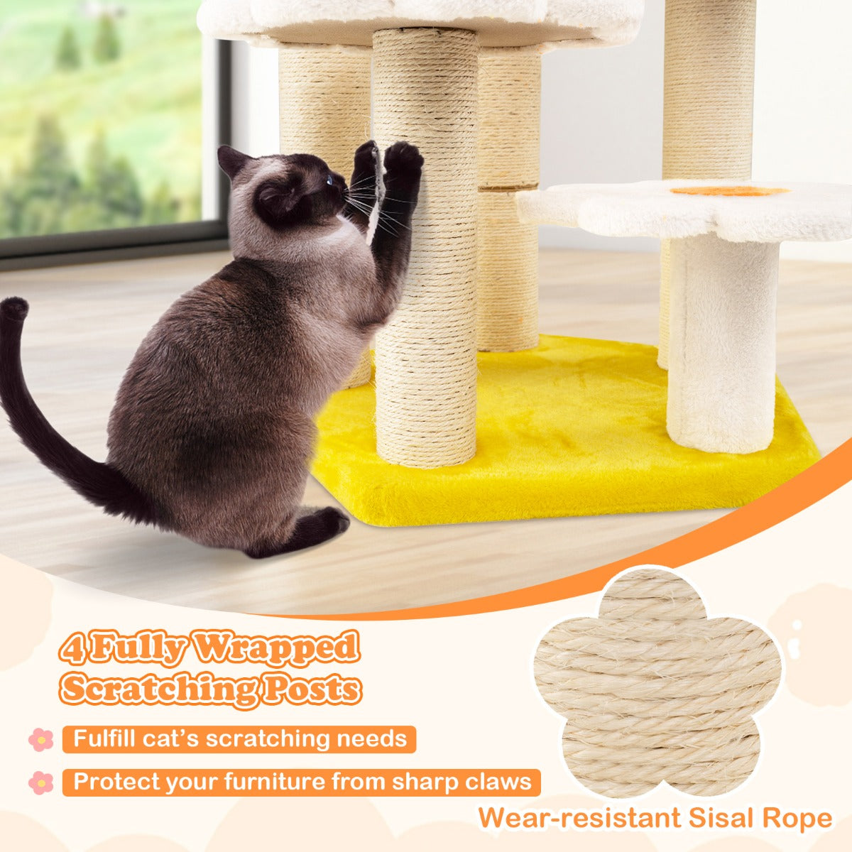 LIVSK Kattenboom met Bloemenmotief - 4 Springplatforms - Krabpalen van Sisal - Stabiele Constructie - 90 cm - Wit