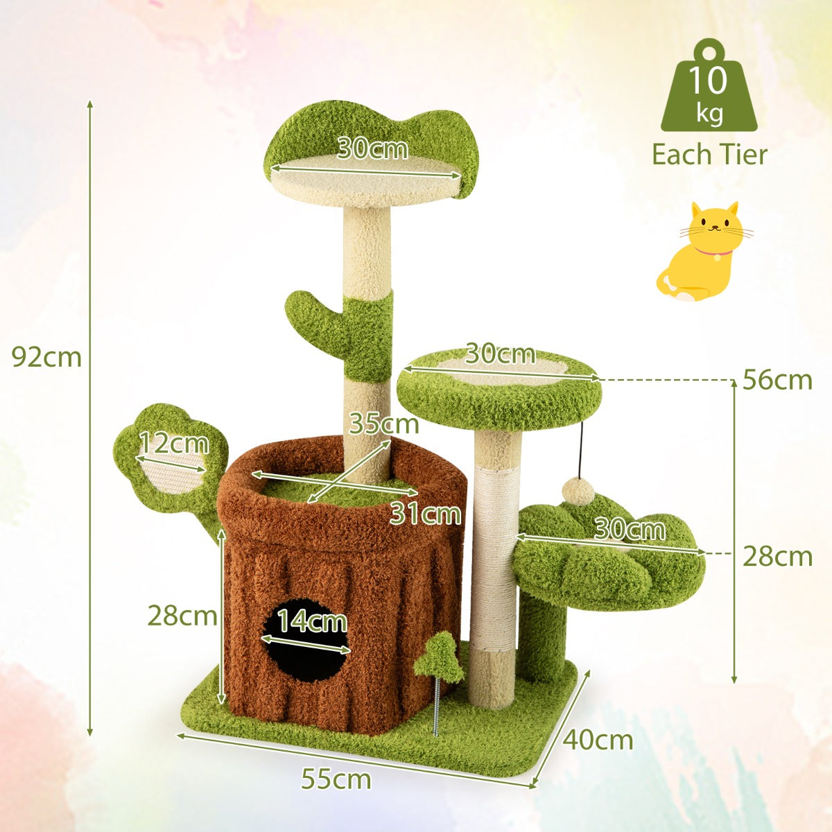LIVSK Kattenboom - Meerlaagse Klimtoren met Afneembaar Stamhuis - Luxe Bloemenplatform - Krabpaal - Groen + Bruin
