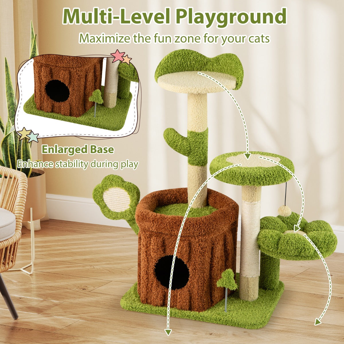 LIVSK Kattenboom - Meerlaagse Klimtoren met Afneembaar Stamhuis - Luxe Bloemenplatform - Krabpaal - Groen + Bruin