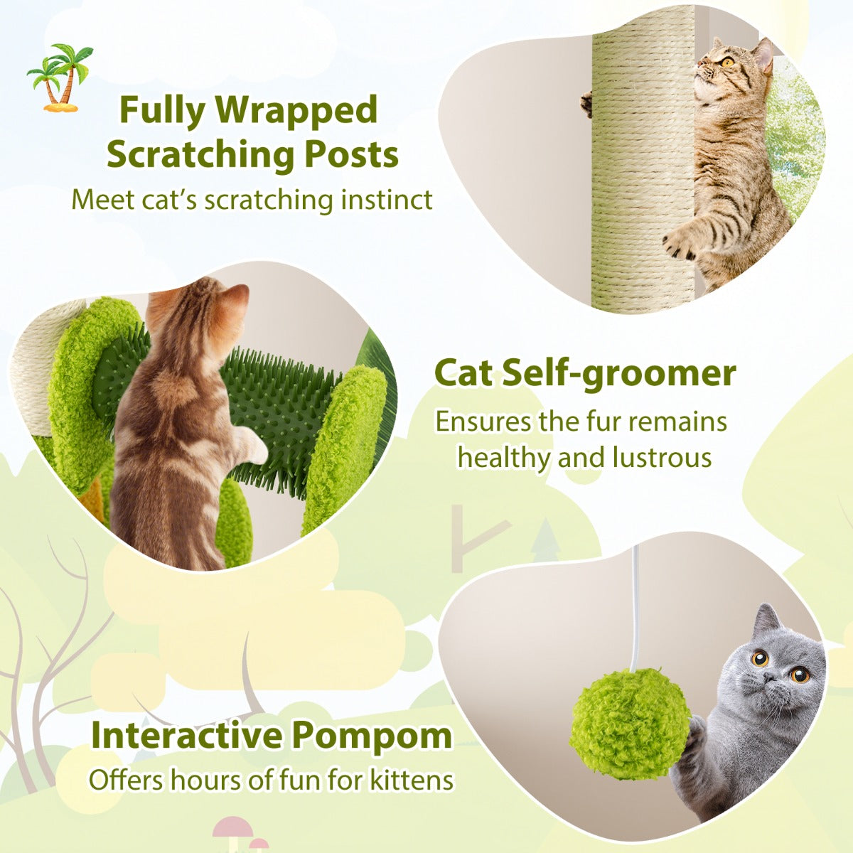 LIVSK Kattenboom met Krabpalen en Kattenborstel - Grot en Hoog Platform - Interactieve Pompon - Tot 10 kg - Groen + Oranje