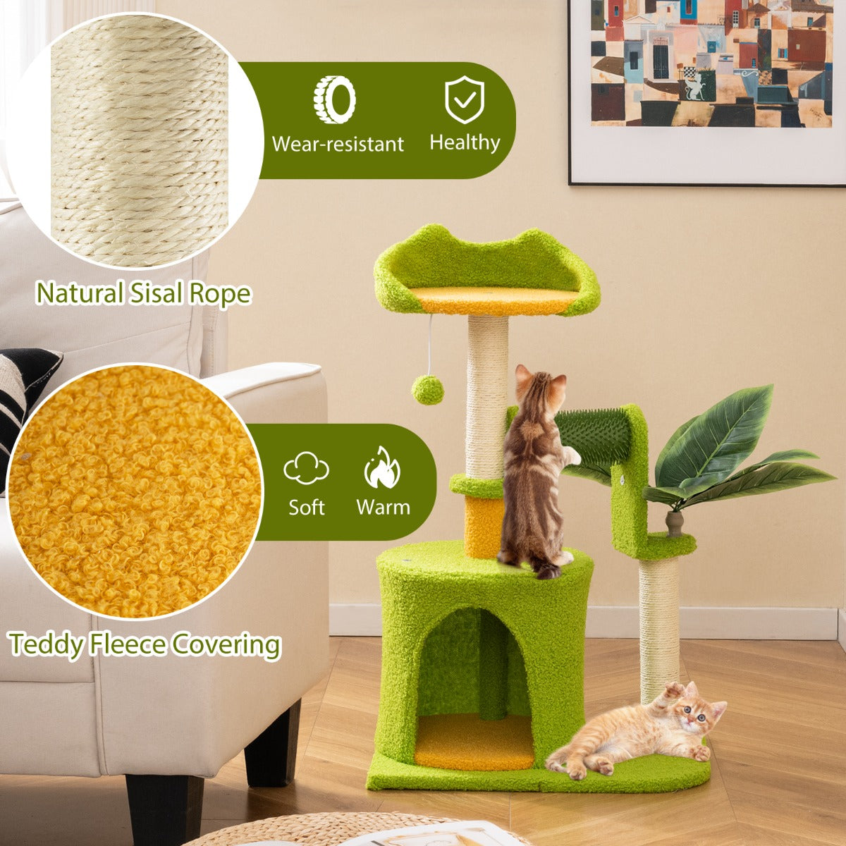 LIVSK Kattenboom met Krabpalen en Kattenborstel - Grot en Hoog Platform - Interactieve Pompon - Tot 10 kg - Groen + Oranje