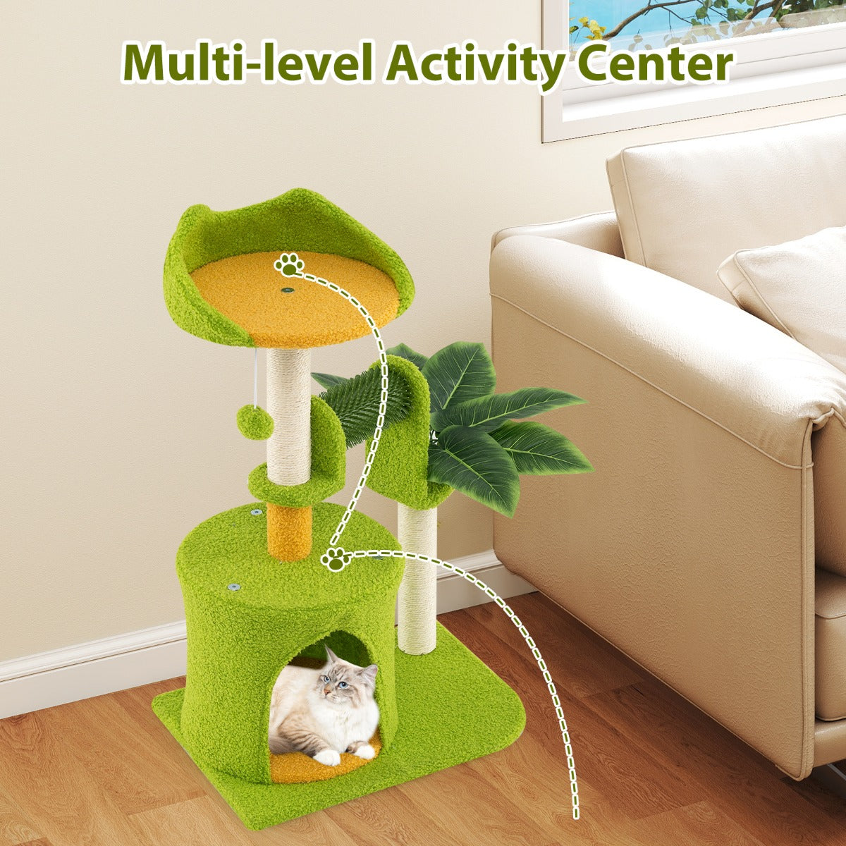 LIVSK Kattenboom met Krabpalen en Kattenborstel - Grot en Hoog Platform - Interactieve Pompon - Tot 10 kg - Groen + Oranje