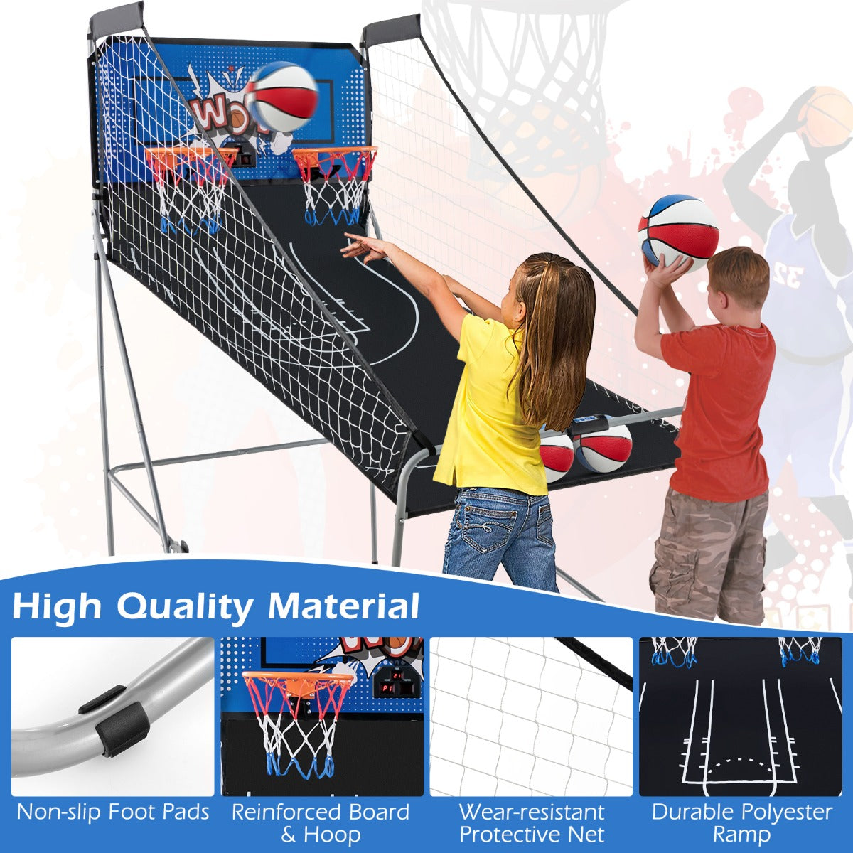 LIVSK Dubbele Elektronische Basketbalschietmachine - Inclusief 4 Basketballen - 8 Spelopties - Opvouwbaar - 110 x 206 x 203 cm -