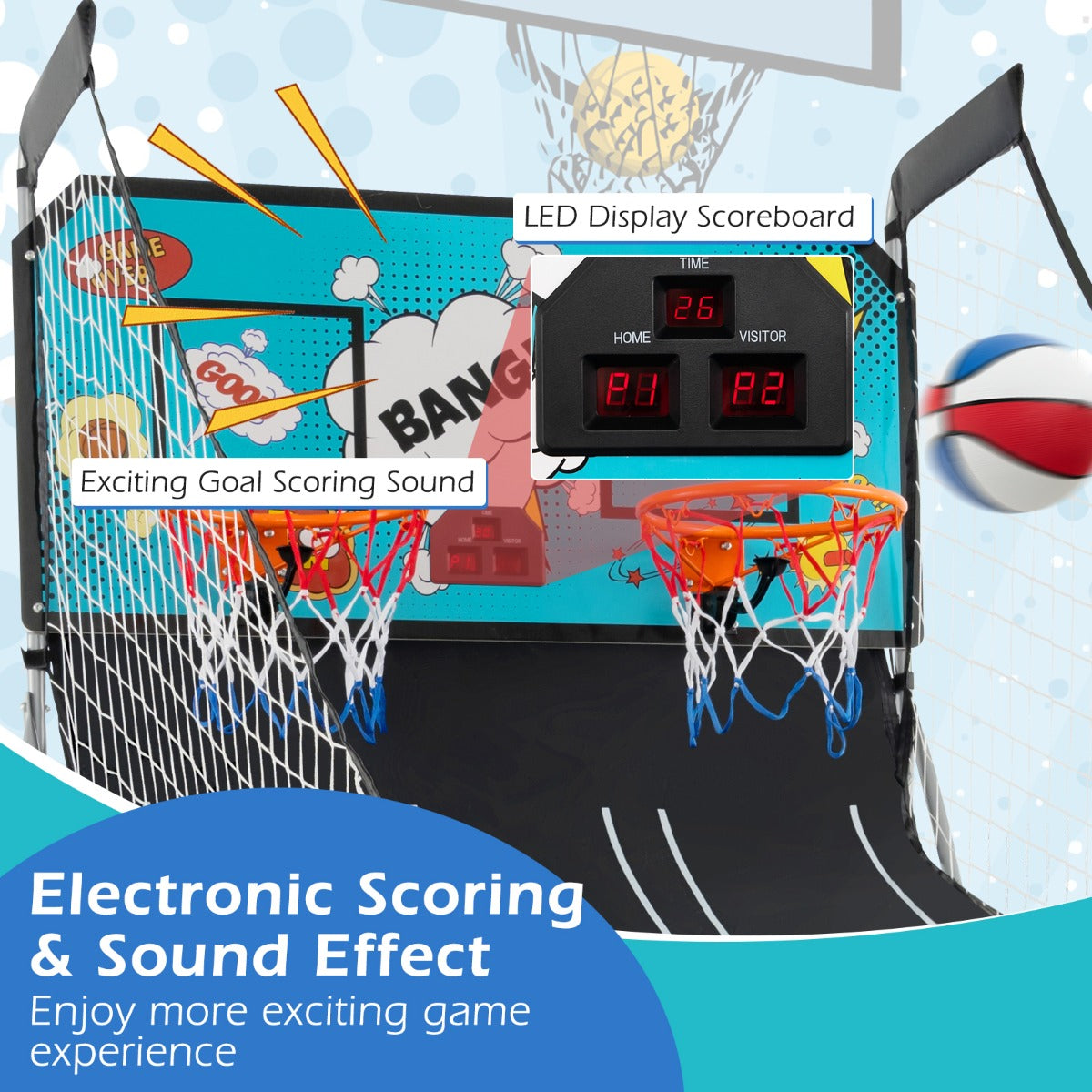 LIVSK Dubbel Elektronisch Basketbalspel - Inclusief 4 Ballen en 2 Hoepels - Meerdere Spelopties - Duurzaam Staal - Blauw