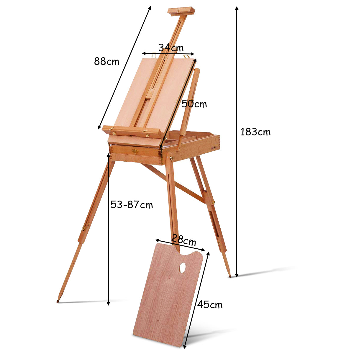 LIVSK Alles-in-één Schildersezel Beukenhout - Verwijderbare Palet - Opberglade - Draagbaar - 183 cm Hoogte - Natuur