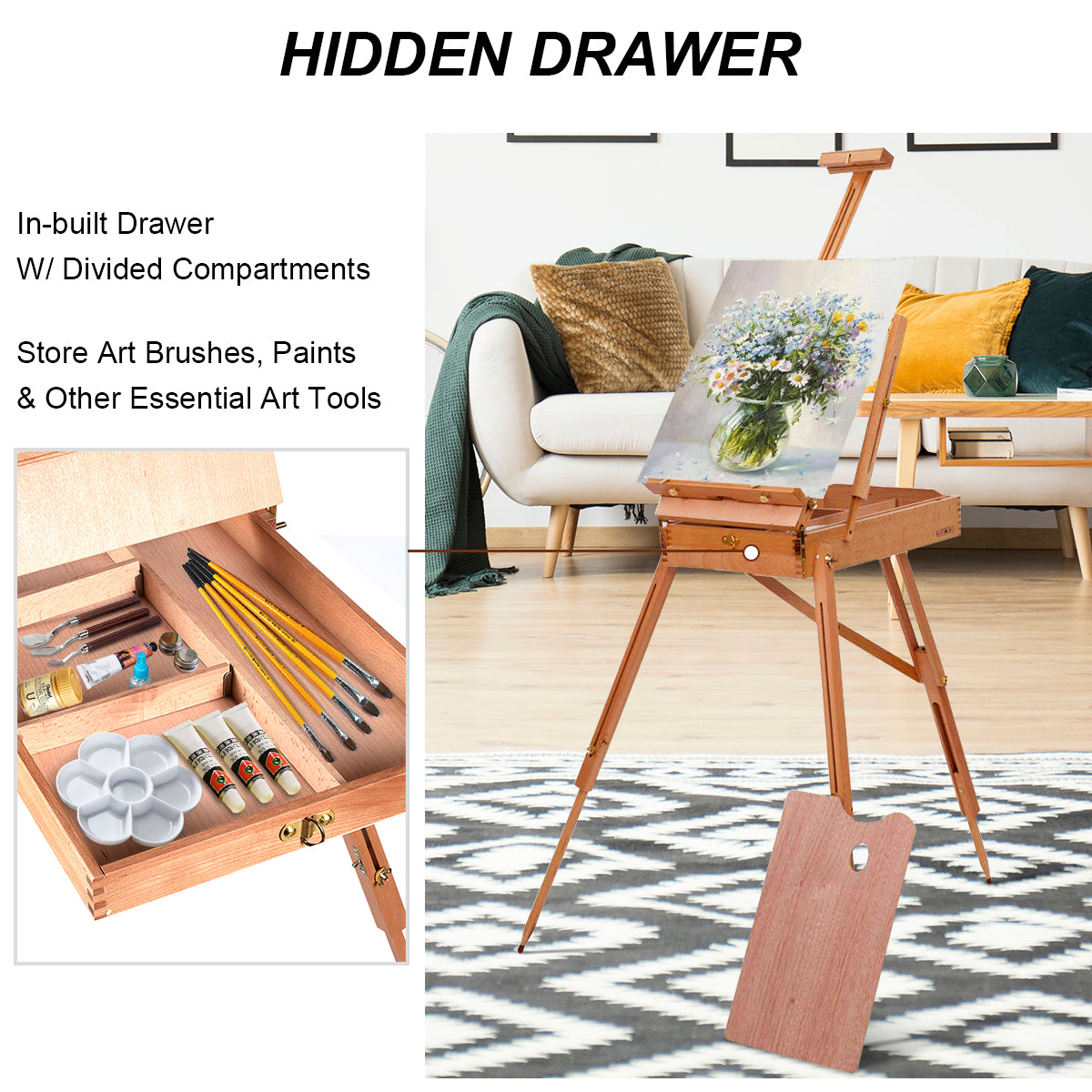 LIVSK Alles-in-één Schildersezel Beukenhout - Verwijderbare Palet - Opberglade - Draagbaar - 183 cm Hoogte - Natuur