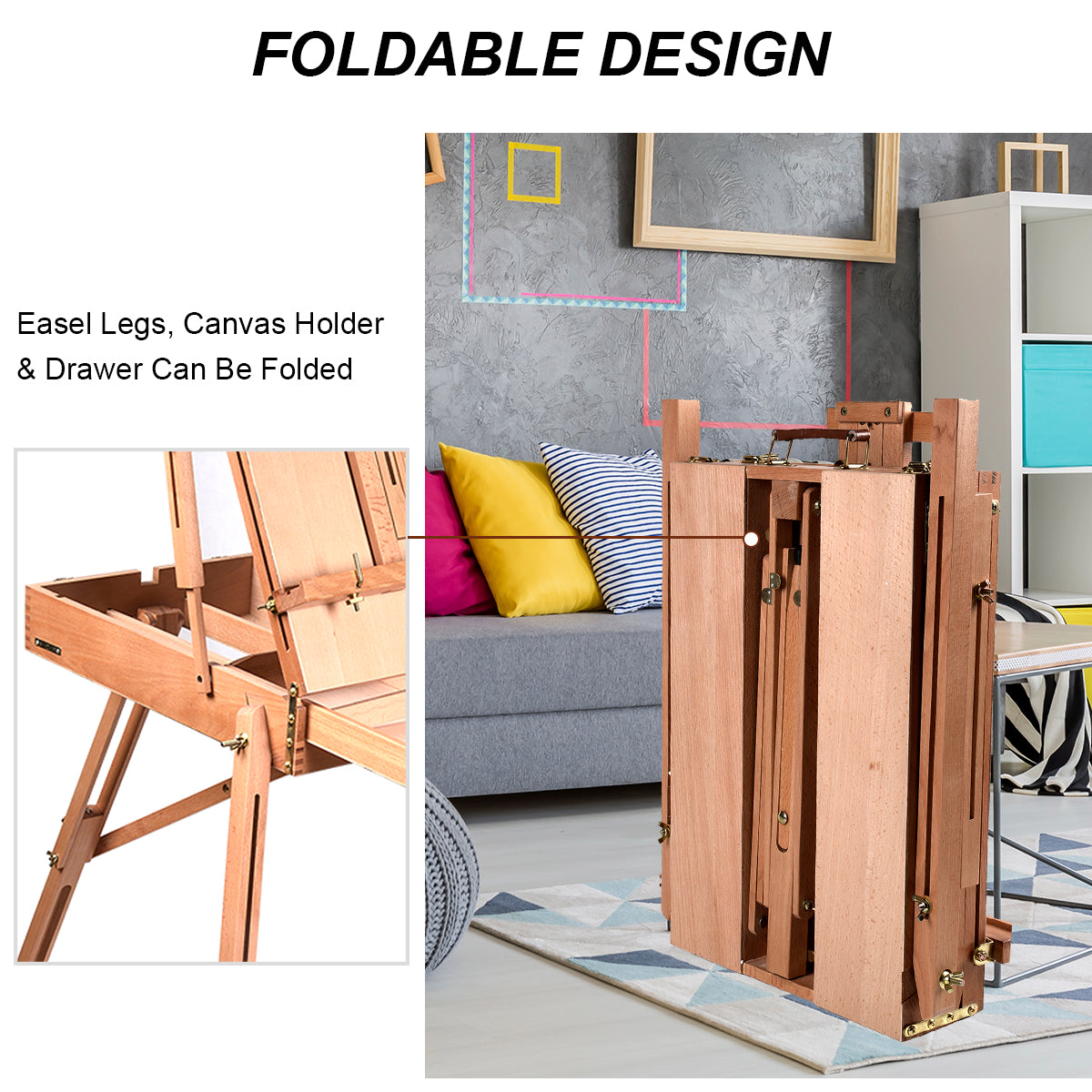 LIVSK Alles-in-één Schildersezel Beukenhout - Verwijderbare Palet - Opberglade - Draagbaar - 183 cm Hoogte - Natuur