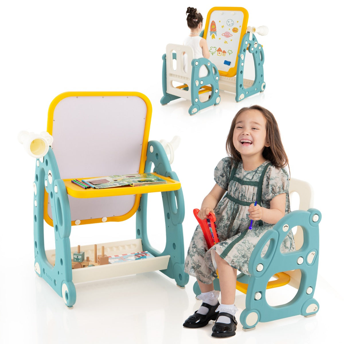 LIVSK Multifunctionele Kinderkunstezel Set - Verstelbaar - Whiteboard - Telescoop - Ringwerpspel - Voor 1-8 jaar - Blauw + Geel