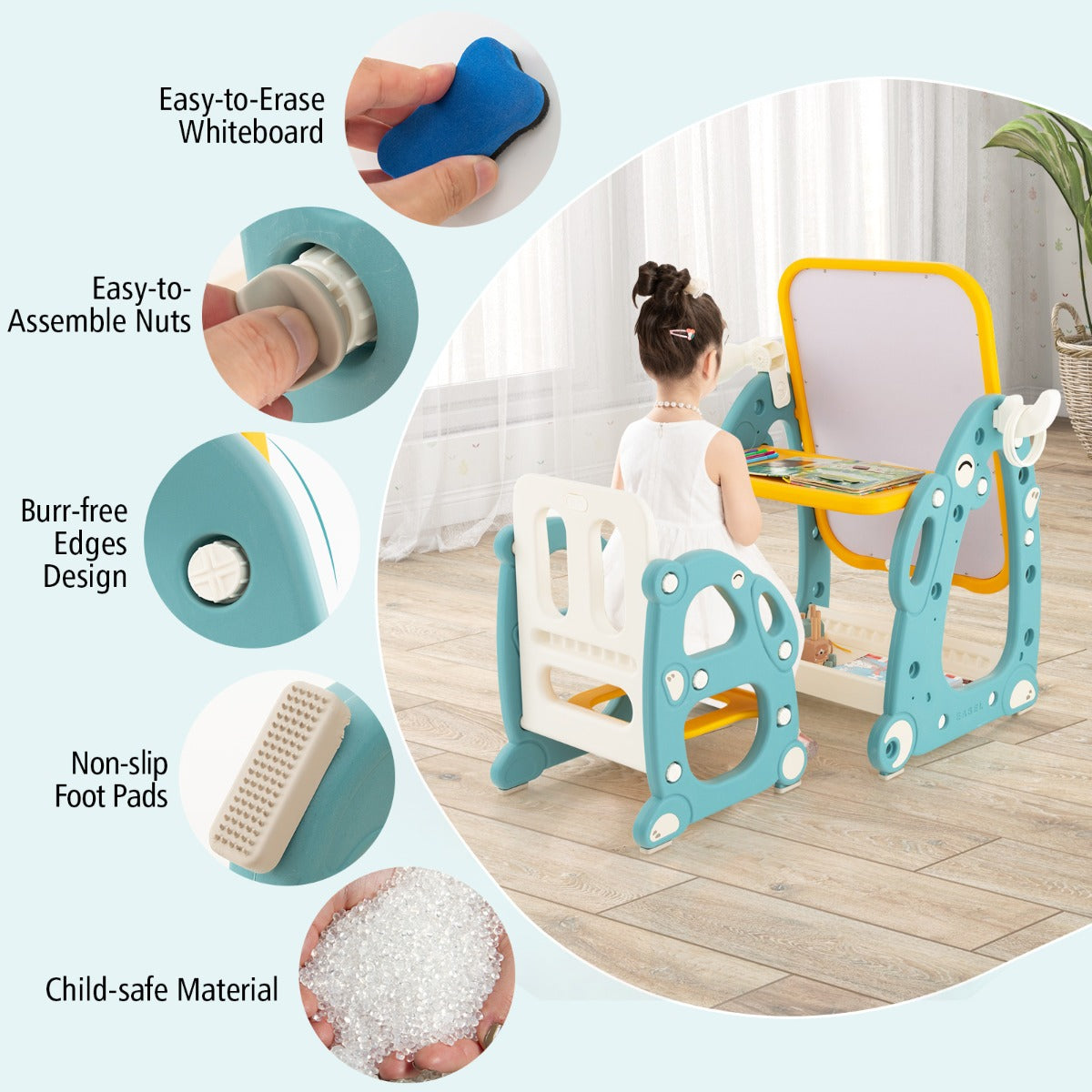 LIVSK Multifunctionele Kinderkunstezel Set - Verstelbaar - Whiteboard - Telescoop - Ringwerpspel - Voor 1-8 jaar - Blauw + Geel