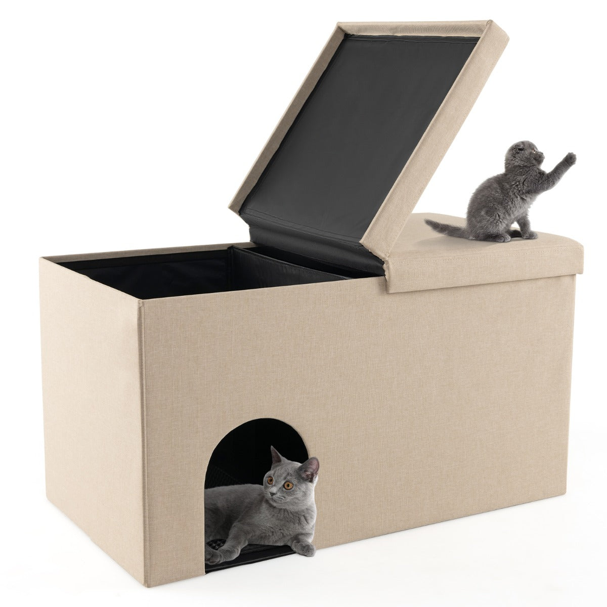 LIVSK Kattenbak Opbergbench - Koolstoffilter - Scharnierend Deksel - Verwijderbaar Tussenschot - Urinebestendige Mat - Beige