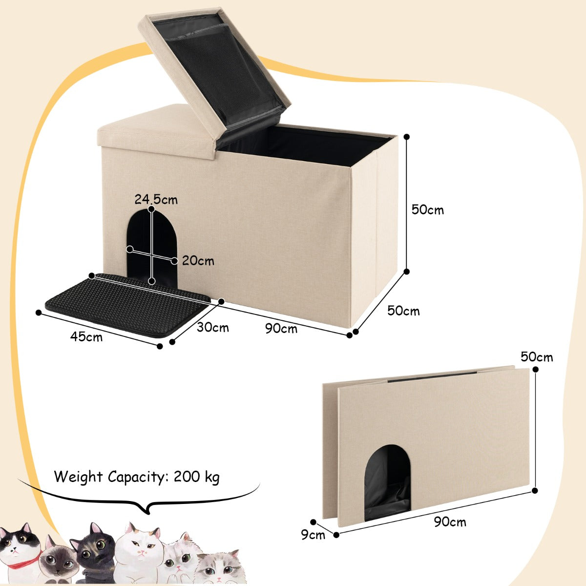 LIVSK Kattenbak Opbergbench - Koolstoffilter - Scharnierend Deksel - Verwijderbaar Tussenschot - Urinebestendige Mat - Beige