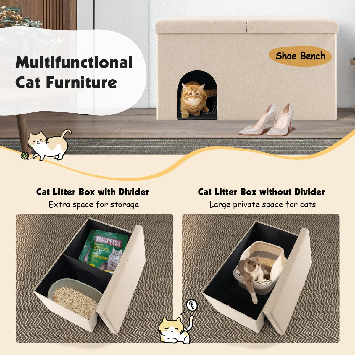 LIVSK Kattenbak Opbergbench - Koolstoffilter - Scharnierend Deksel - Verwijderbaar Tussenschot - Urinebestendige Mat - Beige