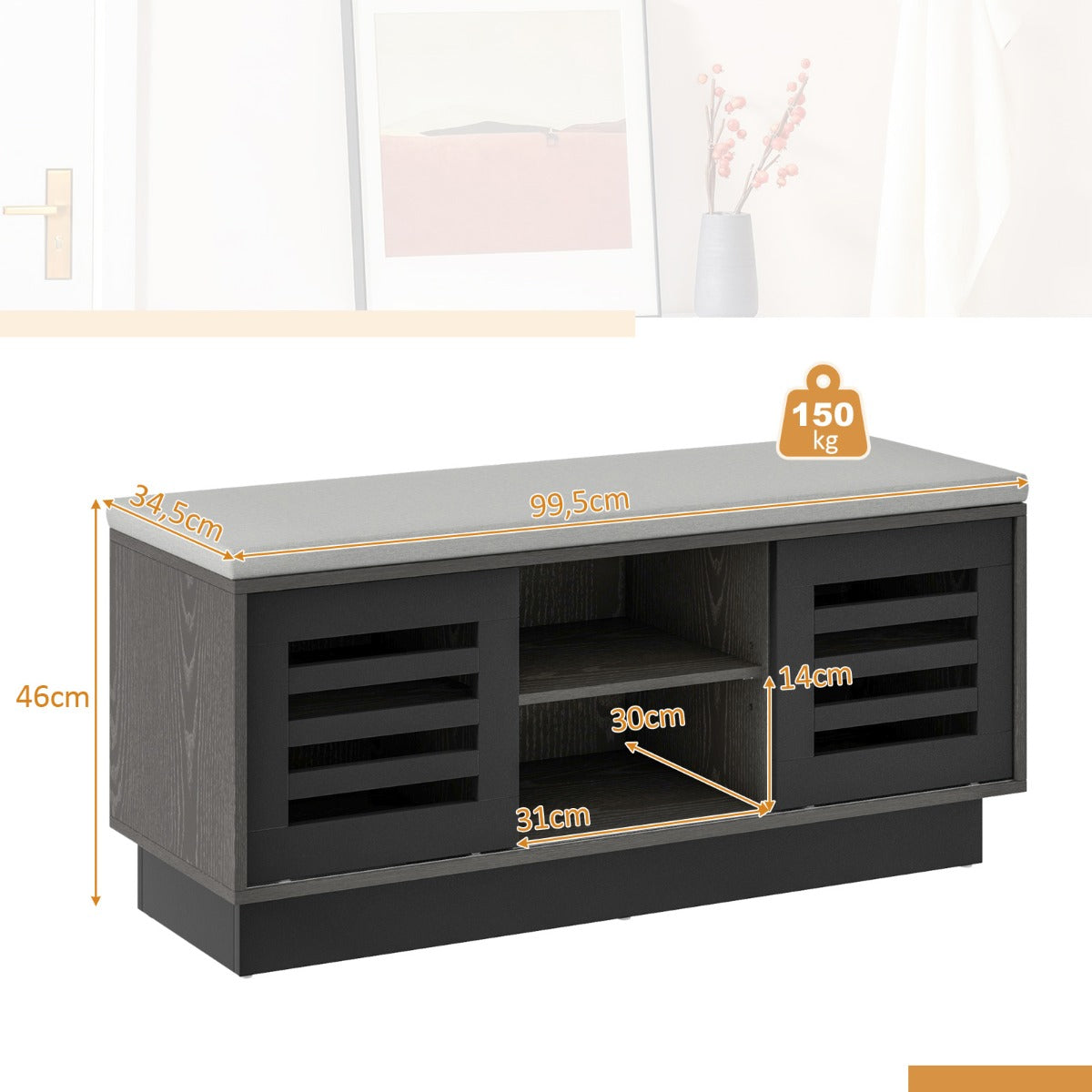 LIVSK Verstelbare Schoenenopbergbank met Zitkussen - 6 Vakken - Schuifdeuren - Multifunctioneel - 99,5 x 34,5 x 46 cm - Grijs