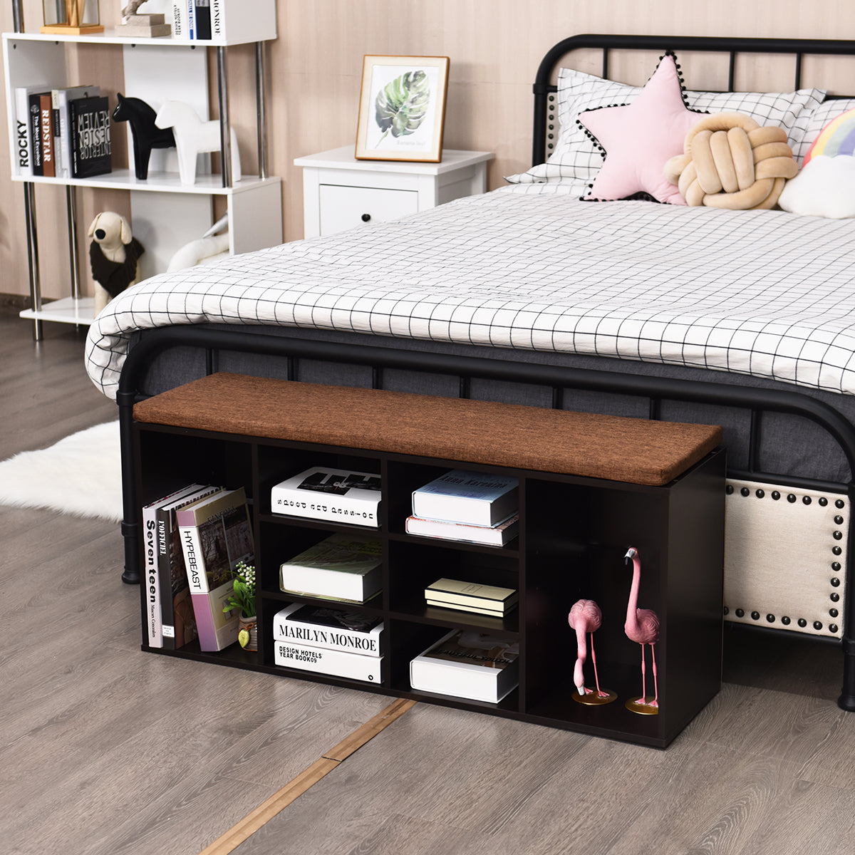 Livsk costway schoenenbank met zitting schoenenrek schoenenladekast 10 kubus opbergbankkast met plank en zitkussenhout hout bruin 3