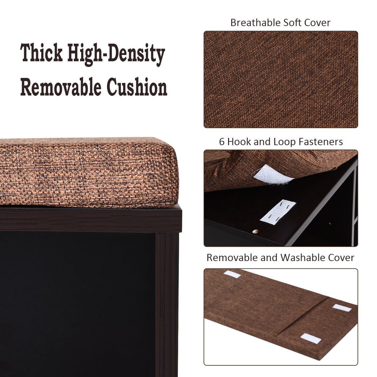 Livsk costway schoenenbank met zitting schoenenrek schoenenladekast 10 kubus opbergbankkast met plank en zitkussenhout hout bruin 5