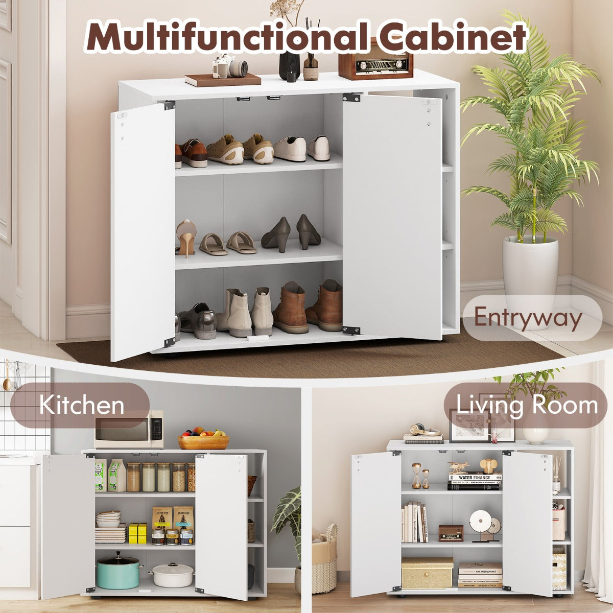 Livsk costway schoenenkast met 2 deuren schoenenrek met 3 niveaus en verstelbare open planken moderne schoenenkast van hout wit 6