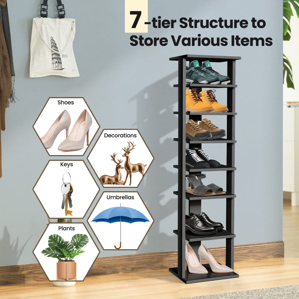 LIVSK Schoenenkast met 8 Etages - Multifunctioneel Opbergrek - Solide en Duurzaam - Voor Diverse Schoenen - Zwart