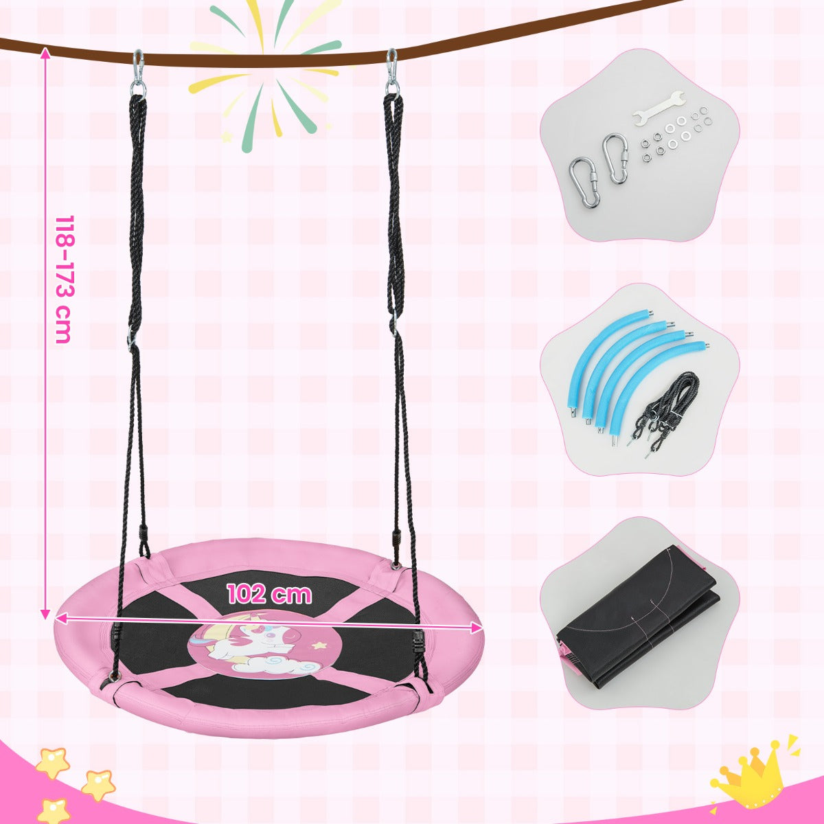 LIVSK Schotelschommel voor 2 Kinderen - Verstelbare Touwen 118-173 cm - Oxford Stof - Veilig en Comfortabel - Groen/Roze/Oranje