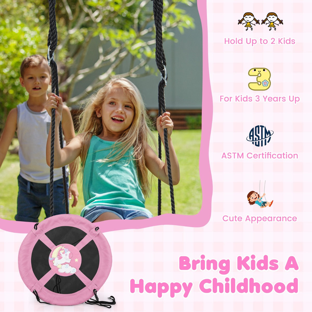 LIVSK Schotelschommel voor 2 Kinderen - Verstelbare Touwen 118-173 cm - Oxford Stof - Veilig en Comfortabel - Groen/Roze/Oranje