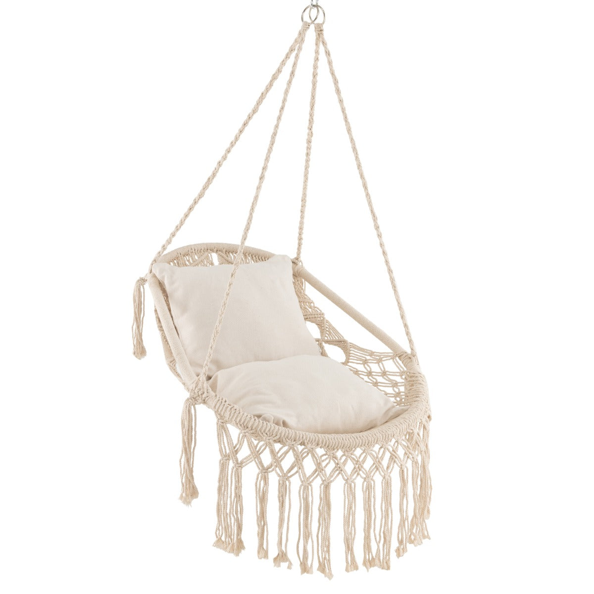 LIVSK Hangmatstoel Schommel - Macramé Design met 2 Zachte Kussens - Roestbestendig Frame - Max. 150 kg - Beige