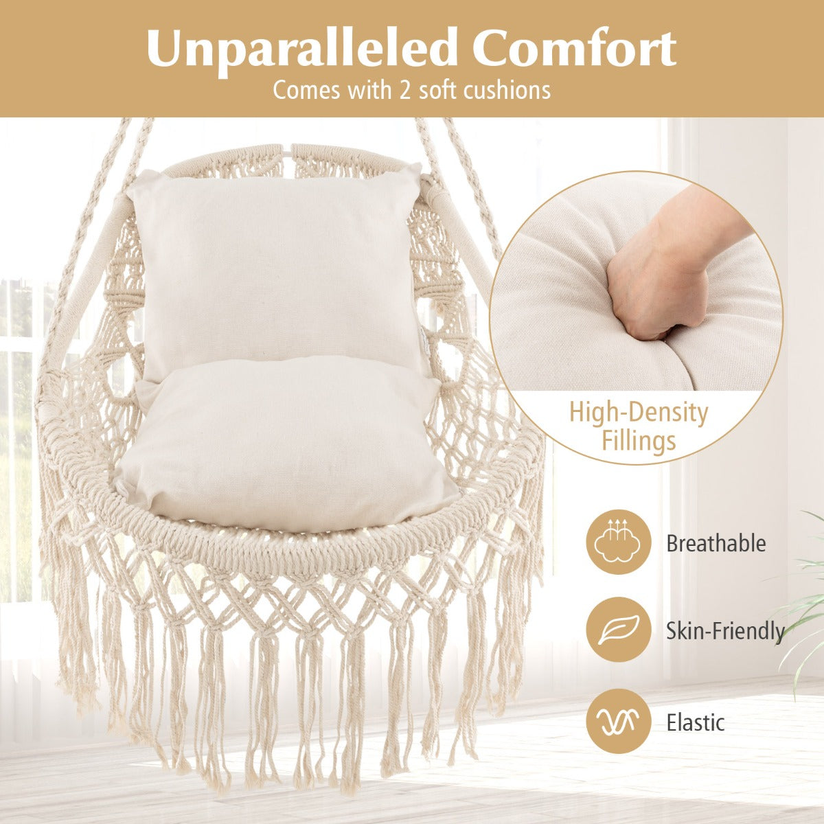 LIVSK Hangmatstoel Schommel - Macramé Design met 2 Zachte Kussens - Roestbestendig Frame - Max. 150 kg - Beige