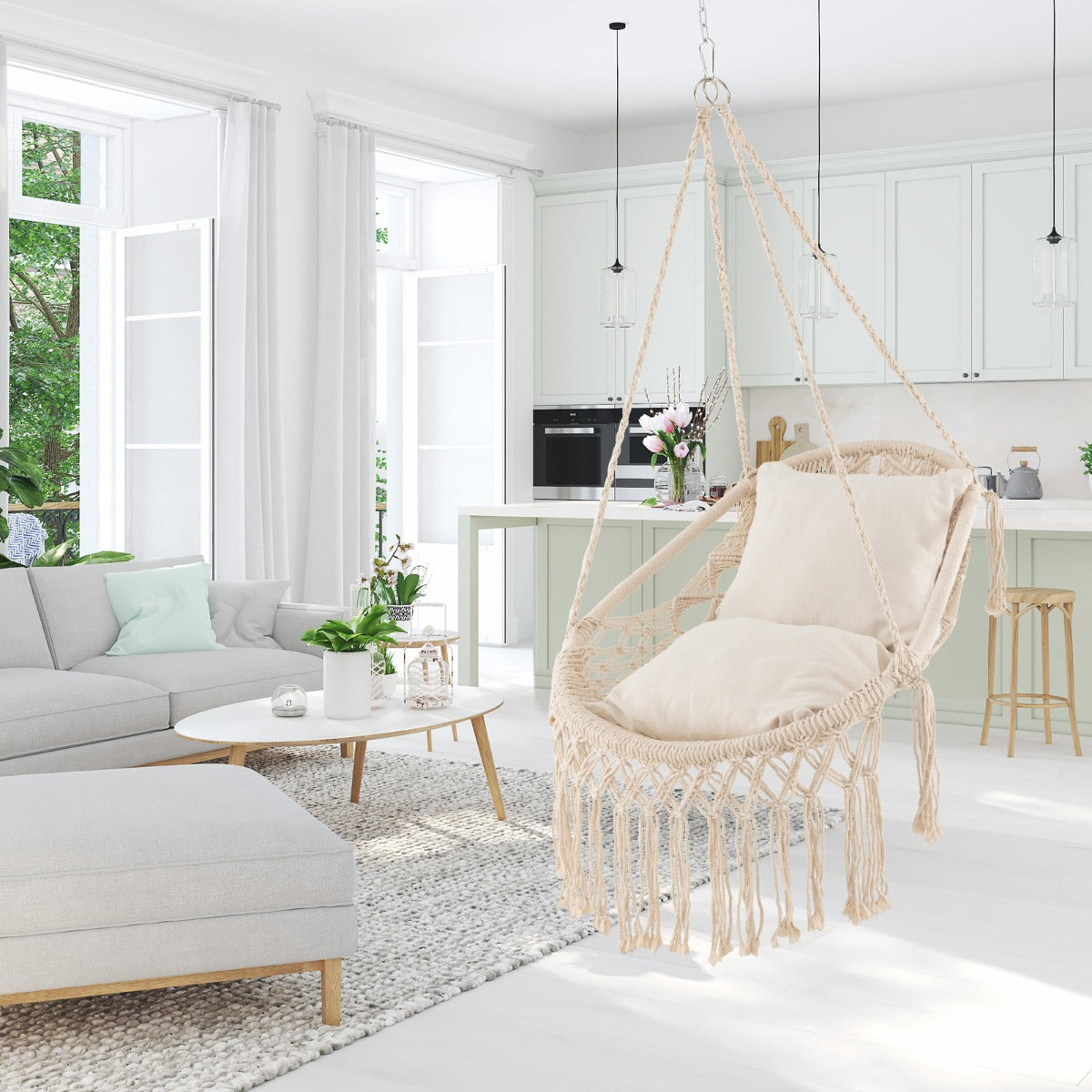 LIVSK Hangmatstoel Schommel - Macramé Design met 2 Zachte Kussens - Roestbestendig Frame - Max. 150 kg - Beige