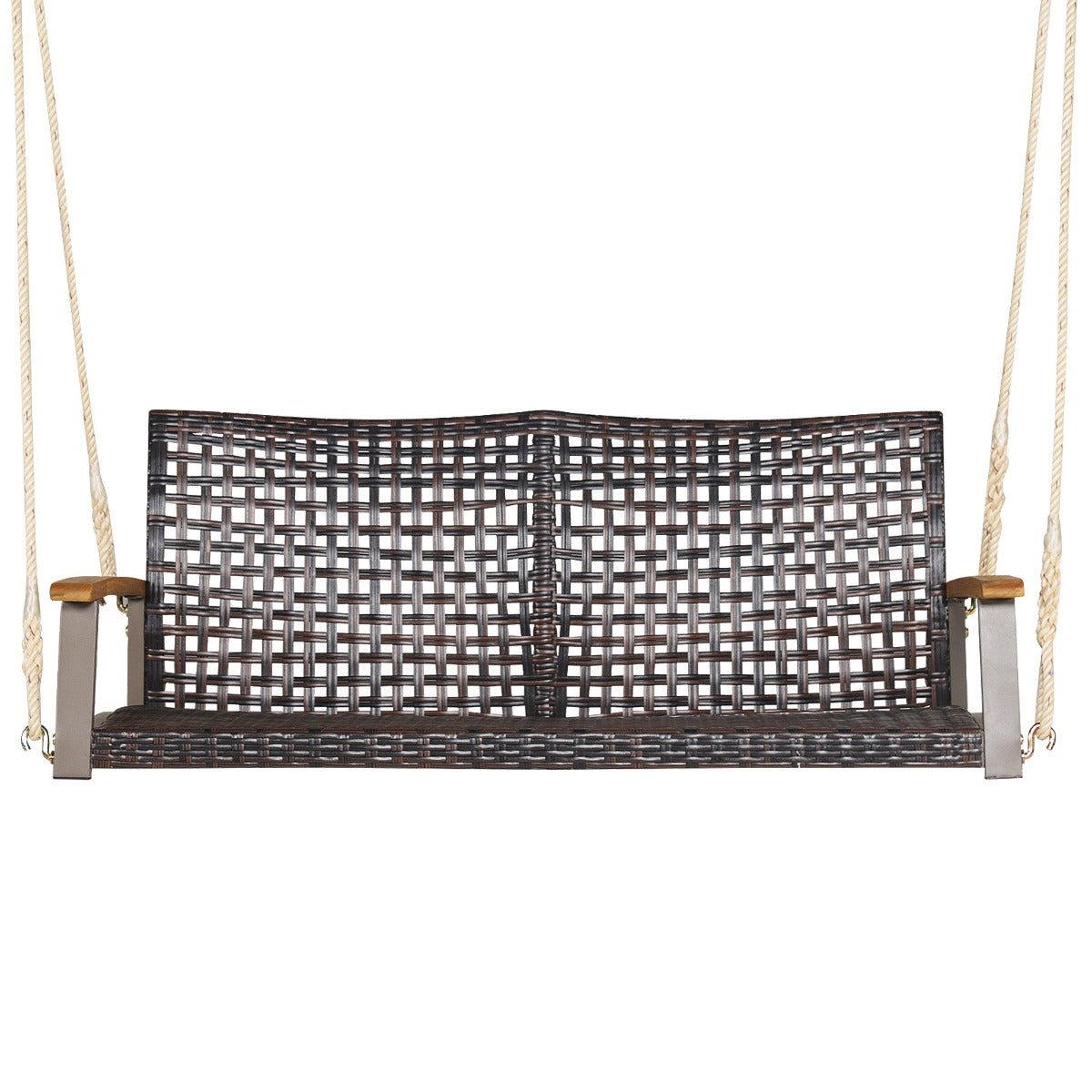 Livsk costway schommelbank 2 zits pe rotan met kussen tuinschommel om op te hangen schommel met armleuningen van acaciahout beige 1