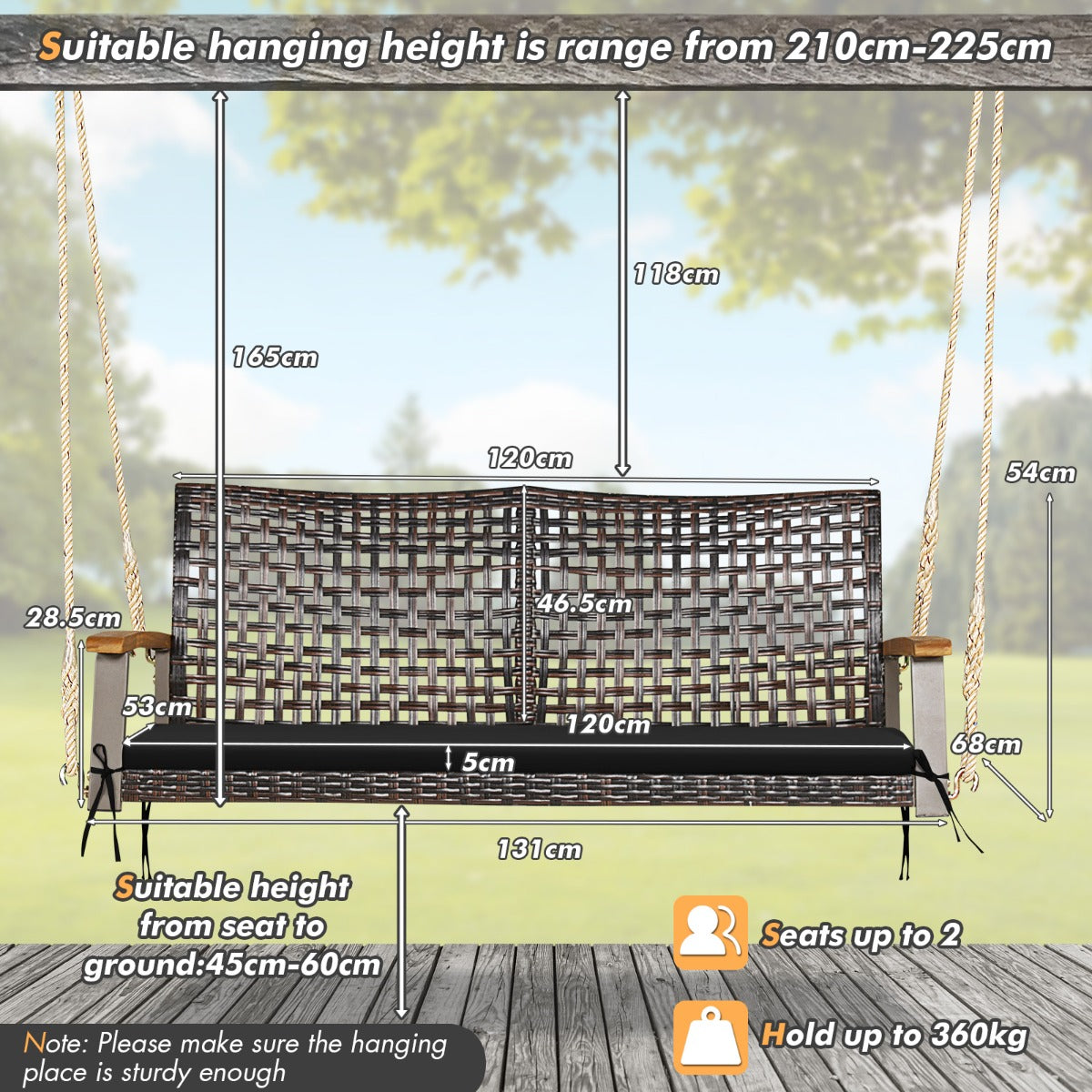 Livsk costway schommelbank 2 zits pe rotan met kussen tuinschommel om op te hangen schommel met armleuningen van acaciahout zwart