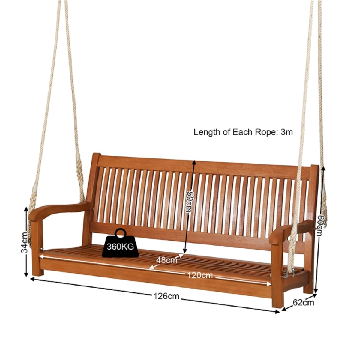 LIVSK Schommelbank Eucalyptus - Ergonomisch Ontwerp - Voor 2 Personen - Draagvermogen 360 kg - 126 x 62 x 60 cm - Natuurlijk