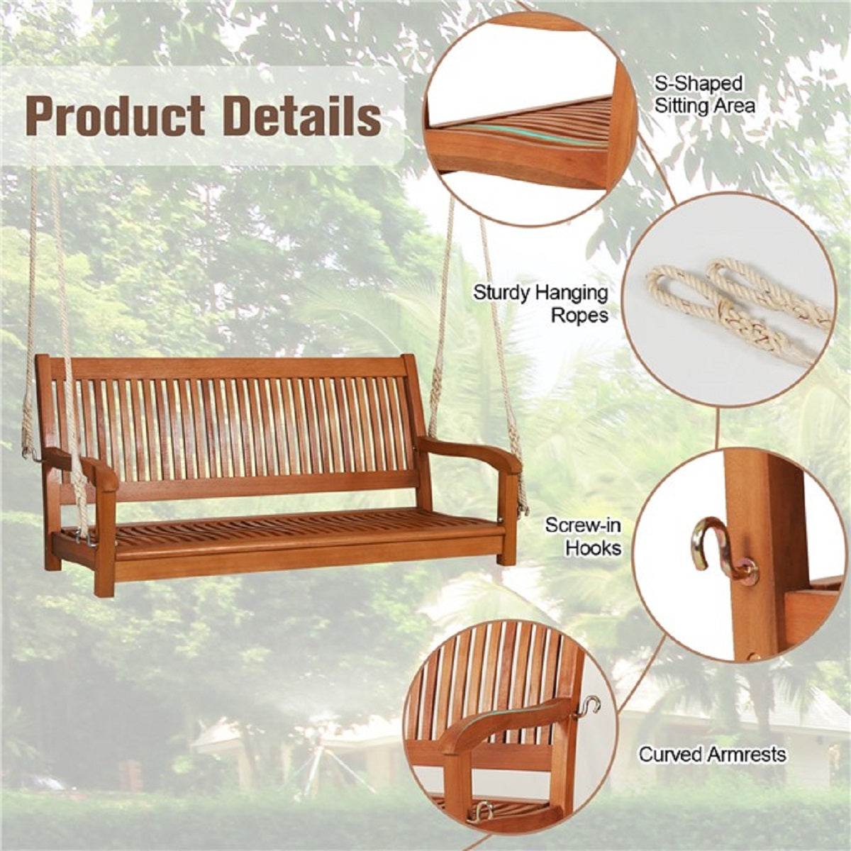 LIVSK Schommelbank Eucalyptus - Ergonomisch Ontwerp - Voor 2 Personen - Draagvermogen 360 kg - 126 x 62 x 60 cm - Natuurlijk